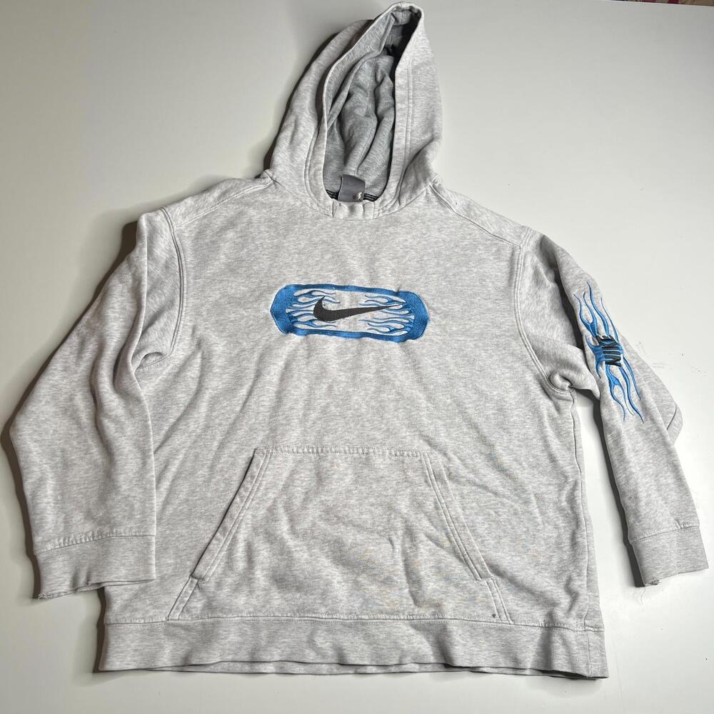 Nike Y2K Flame Hoodie Gray Blue Swoosh Embroidered Youth L (14-16) Fits‎ Adult S